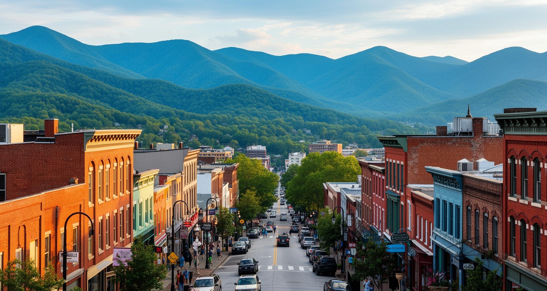 Asheville NC mountain city downtown with Blue Ridge Mountains