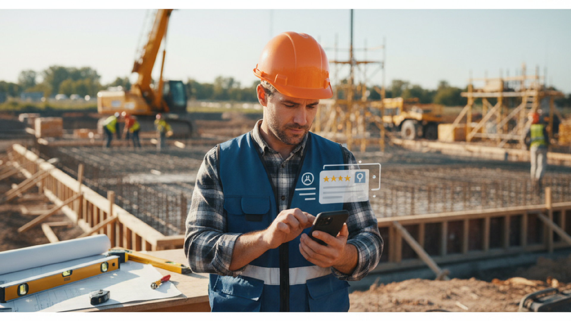 Charlotte contractor using phone to post Google Business Profile update on construction site
