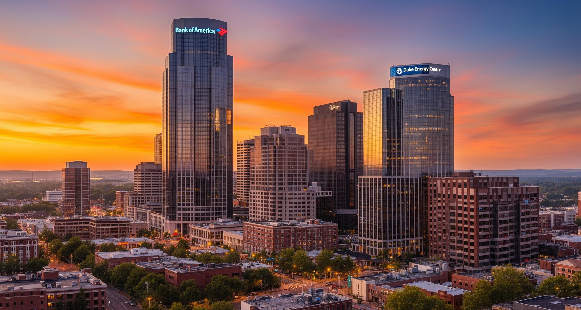 Charlotte North Carolina skyline at sunset showcasing the Queen City where home service contractors compete for Google Business Profile visibility and local SEO dominance