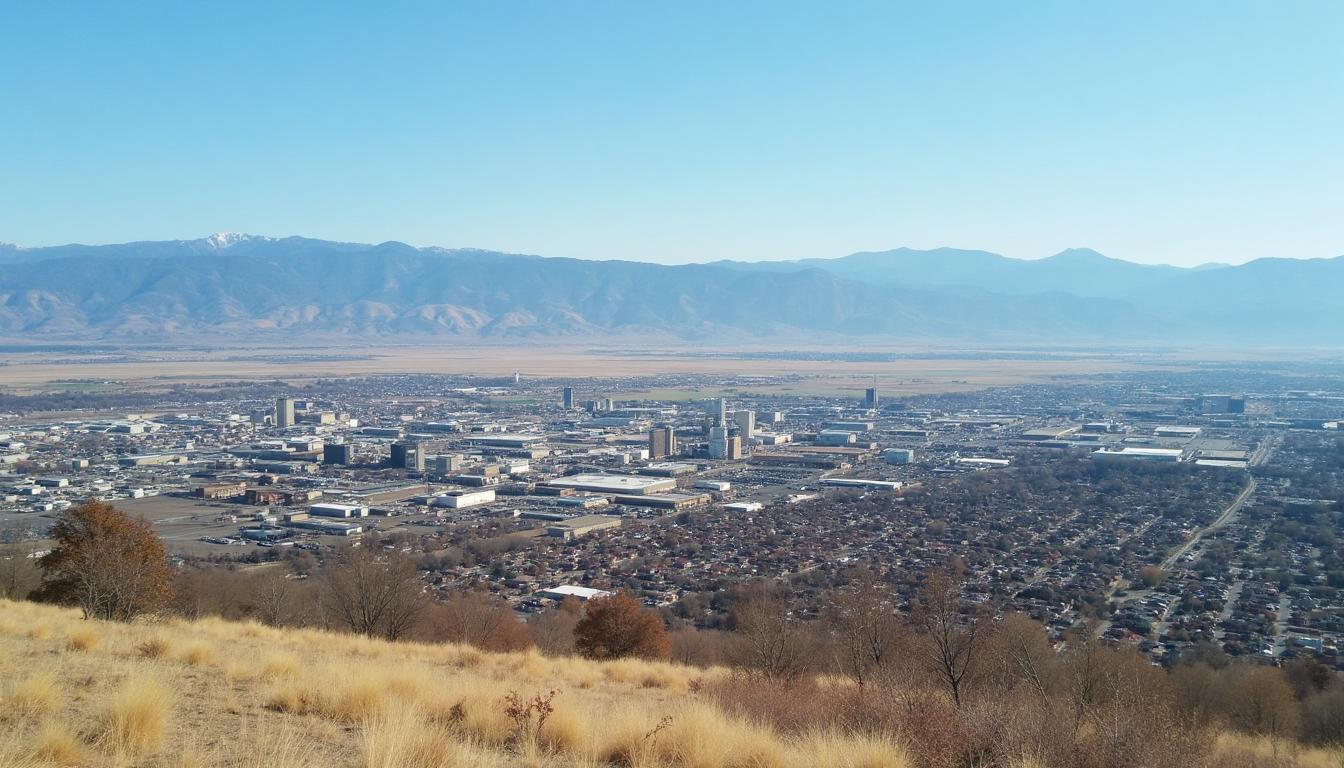 Commerce City Colorado industrial and residential landscape with Rocky Mountains