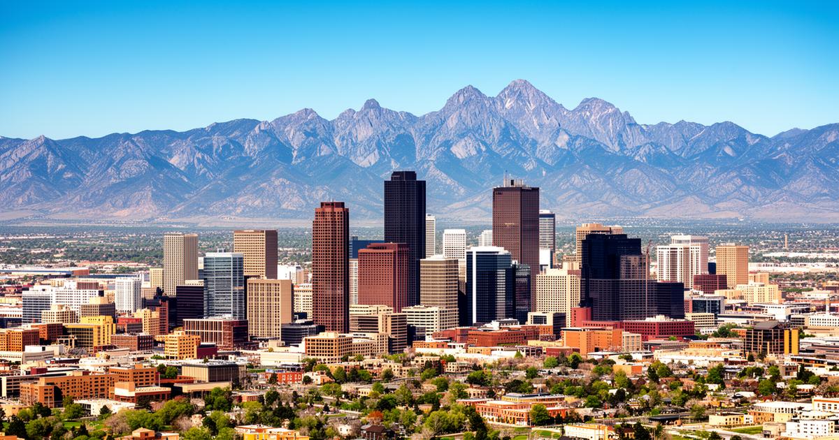 Denver Colorado skyline with Rocky Mountains