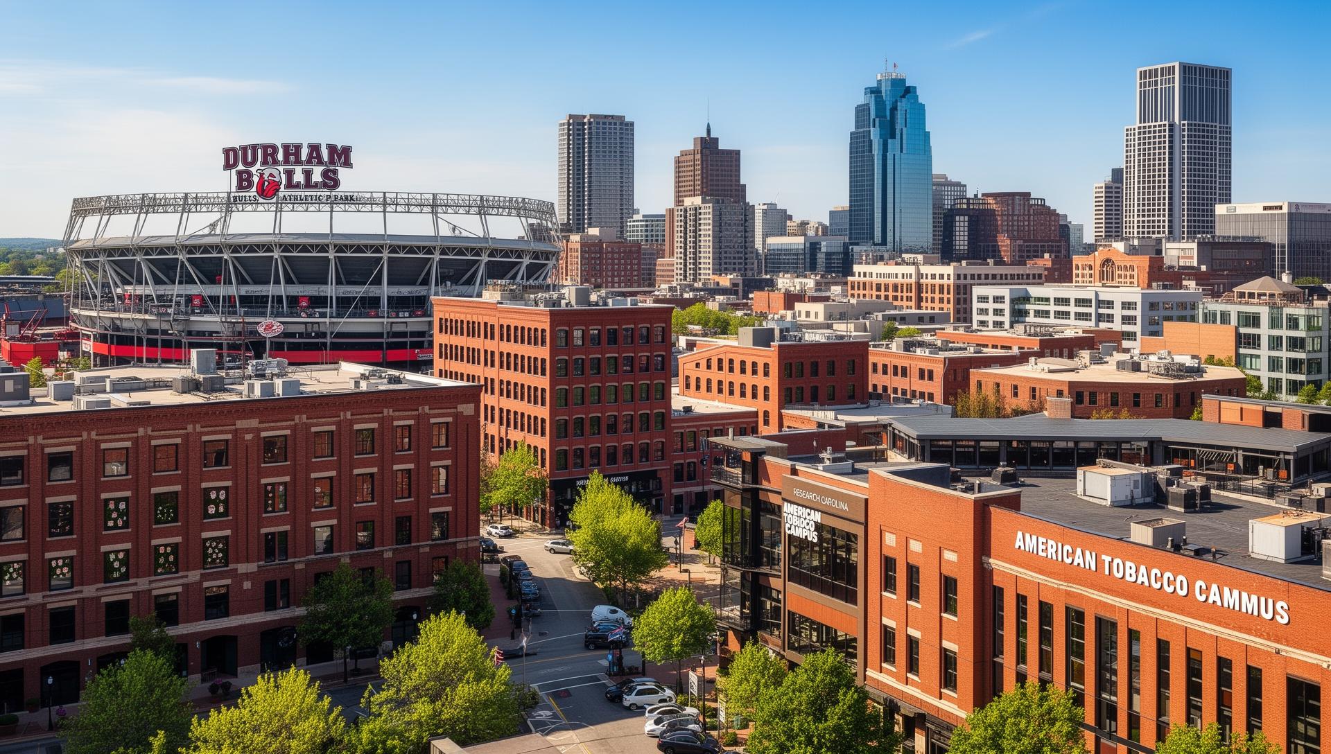 Durham North Carolina downtown skyline featuring Durham Bulls Athletic Park and American Tobacco Campus where home service contractors compete for Google Business Profile visibility