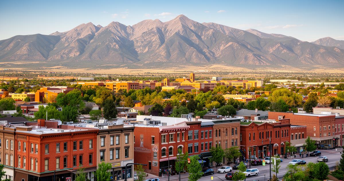 Fort Collins Colorado Old Town with mountain backdrop