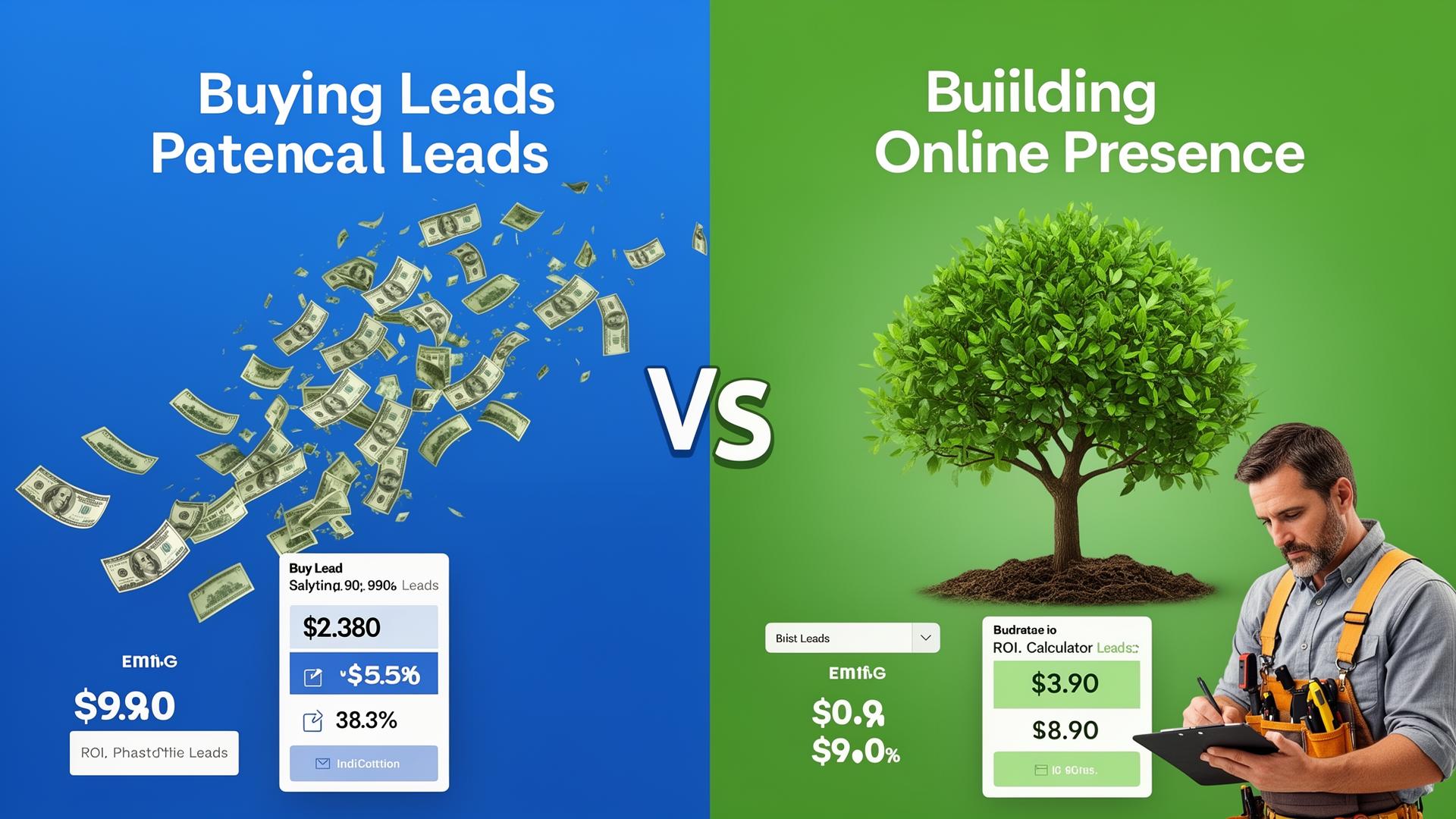 Comparison of buying leads versus building online presence showing ROI differences