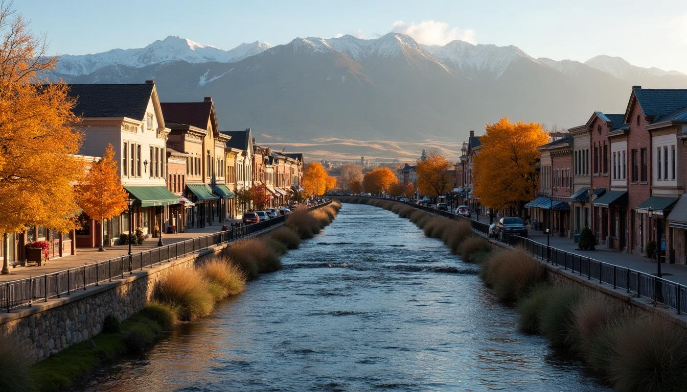 Littleton Colorado historic downtown with South Platte River and Rocky Mountains