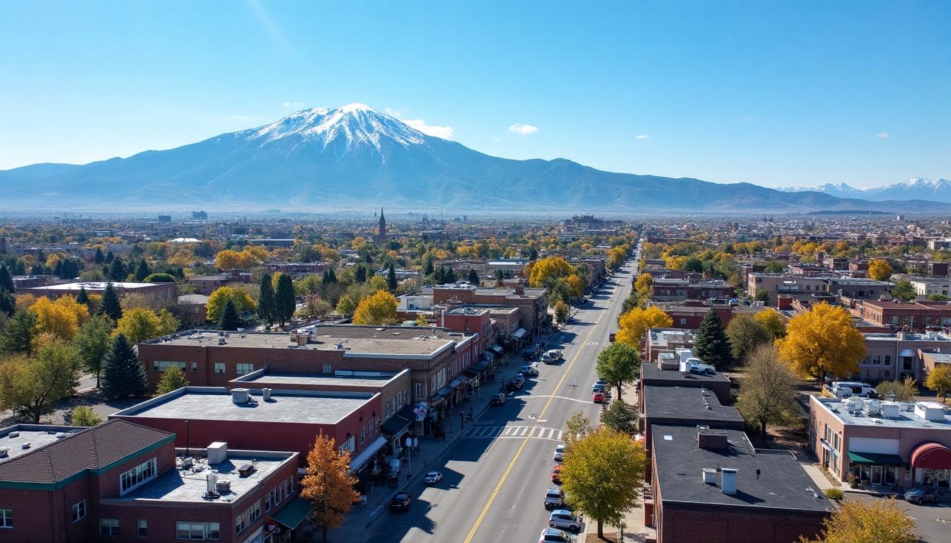 Longmont Colorado downtown with Longs Peak and Rocky Mountains