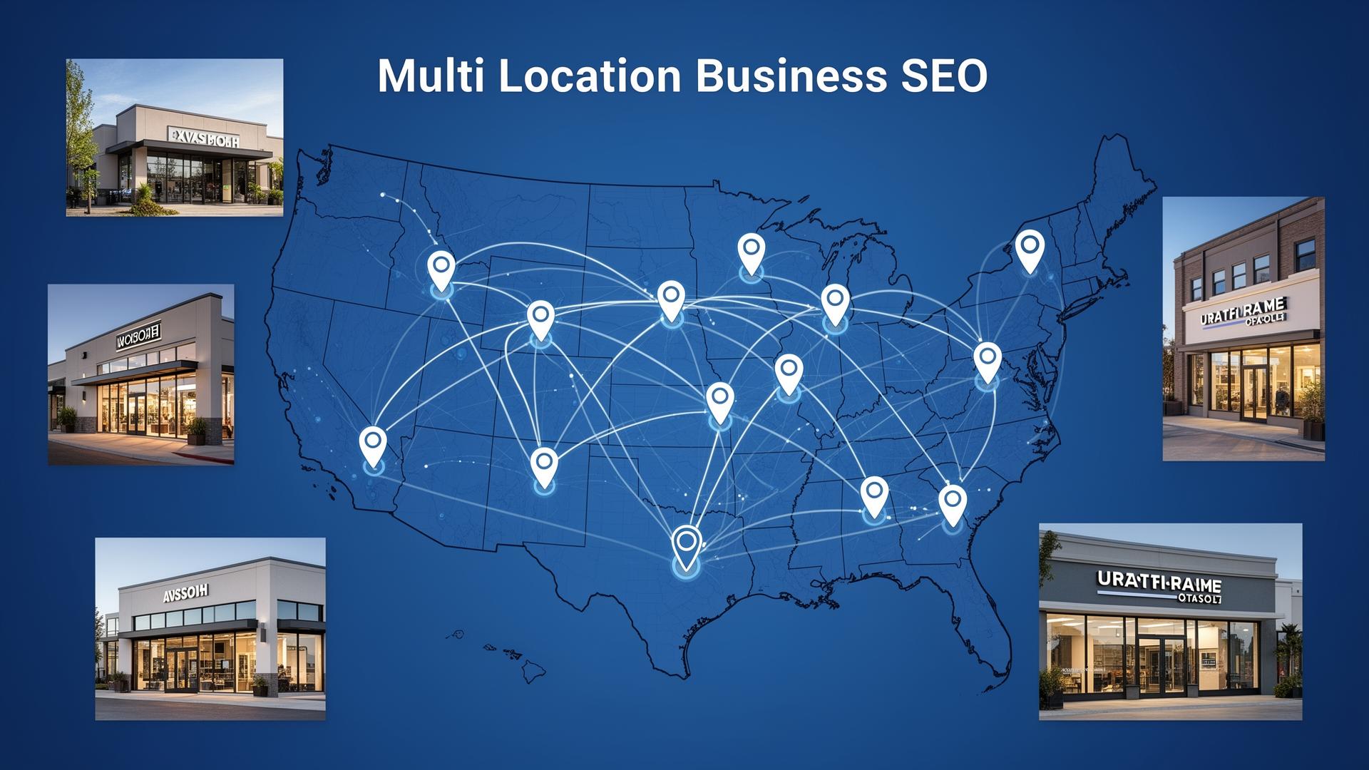 Multi-location business SEO showing US map with connected franchise locations