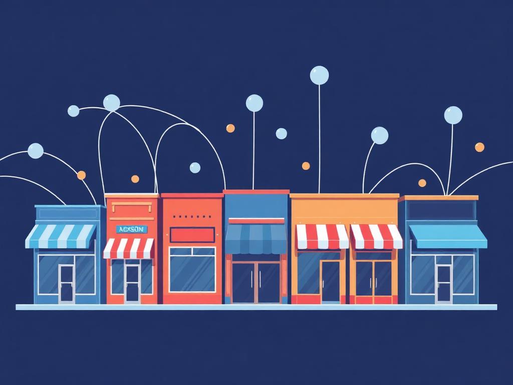 Multiple business storefronts connected by network lines showing franchise management concept
