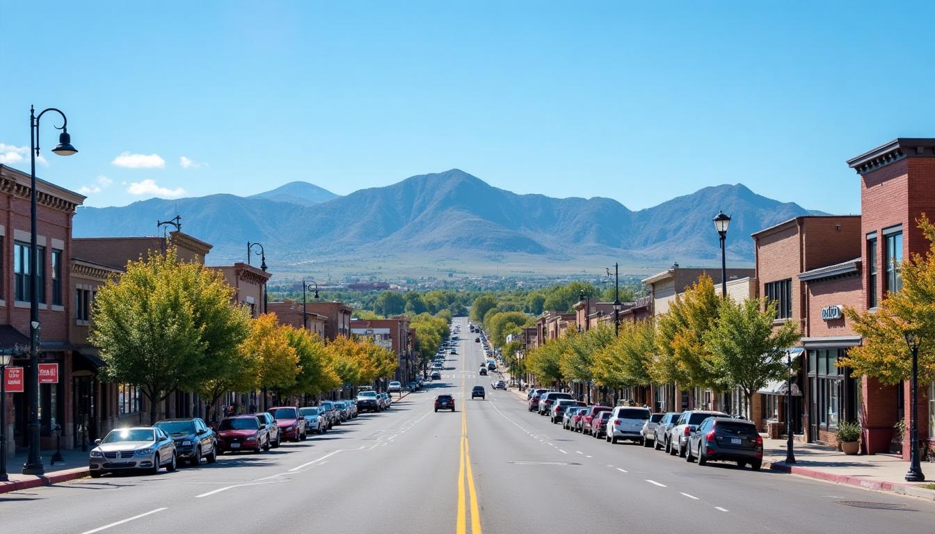 Parker Colorado charming Mainstreet district with Rocky Mountain foothills