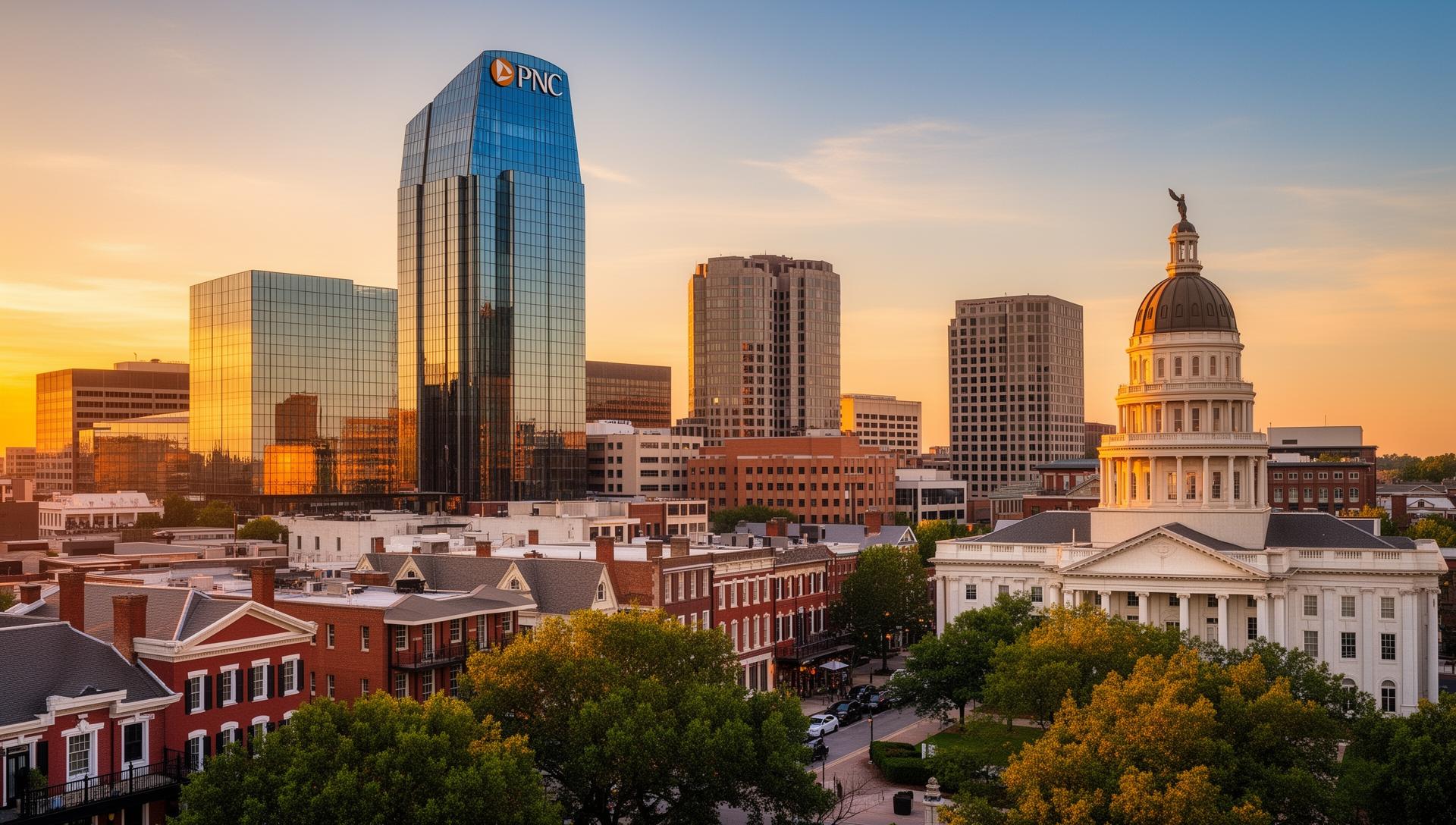 Raleigh North Carolina skyline at golden hour showcasing the capital city where home service contractors compete for Google Business Profile visibility