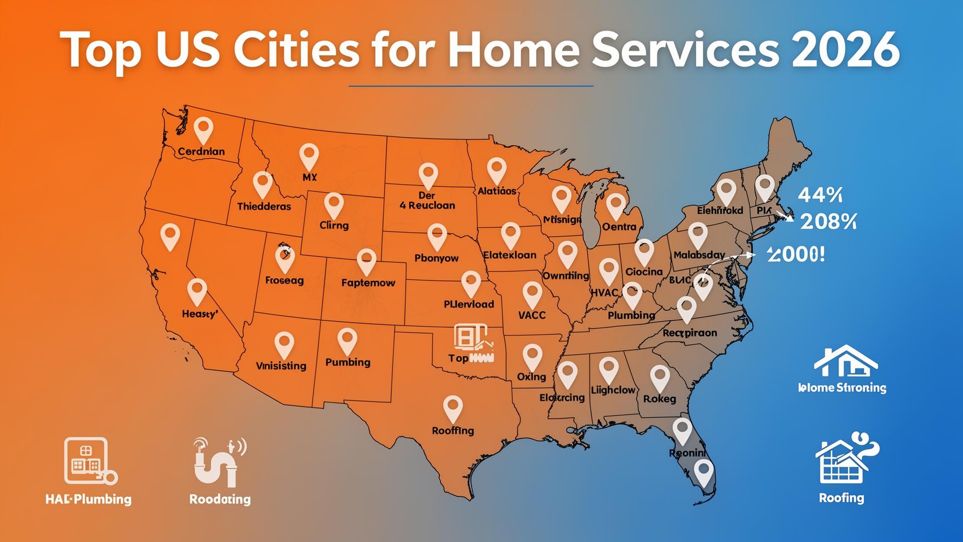 U.S. map highlighting top cities for home service businesses in 2026