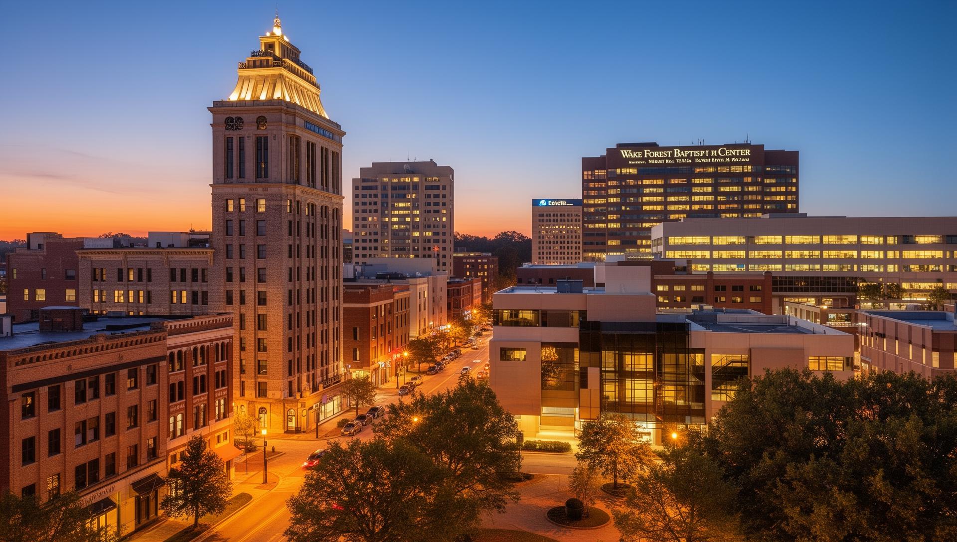Winston-Salem North Carolina downtown skyline at dusk featuring the historic Reynolds Building and Wake Forest Baptist Medical Center where home service contractors compete for Google Business Profile visibility