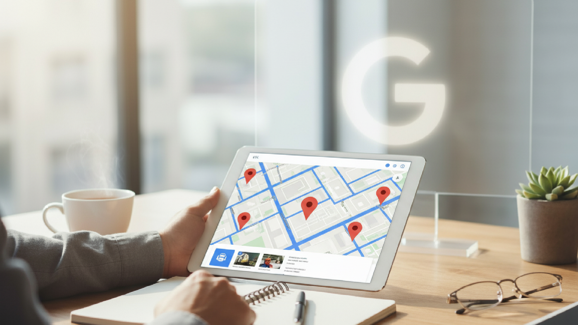 Google Business Profile management on tablet showing local business map pins