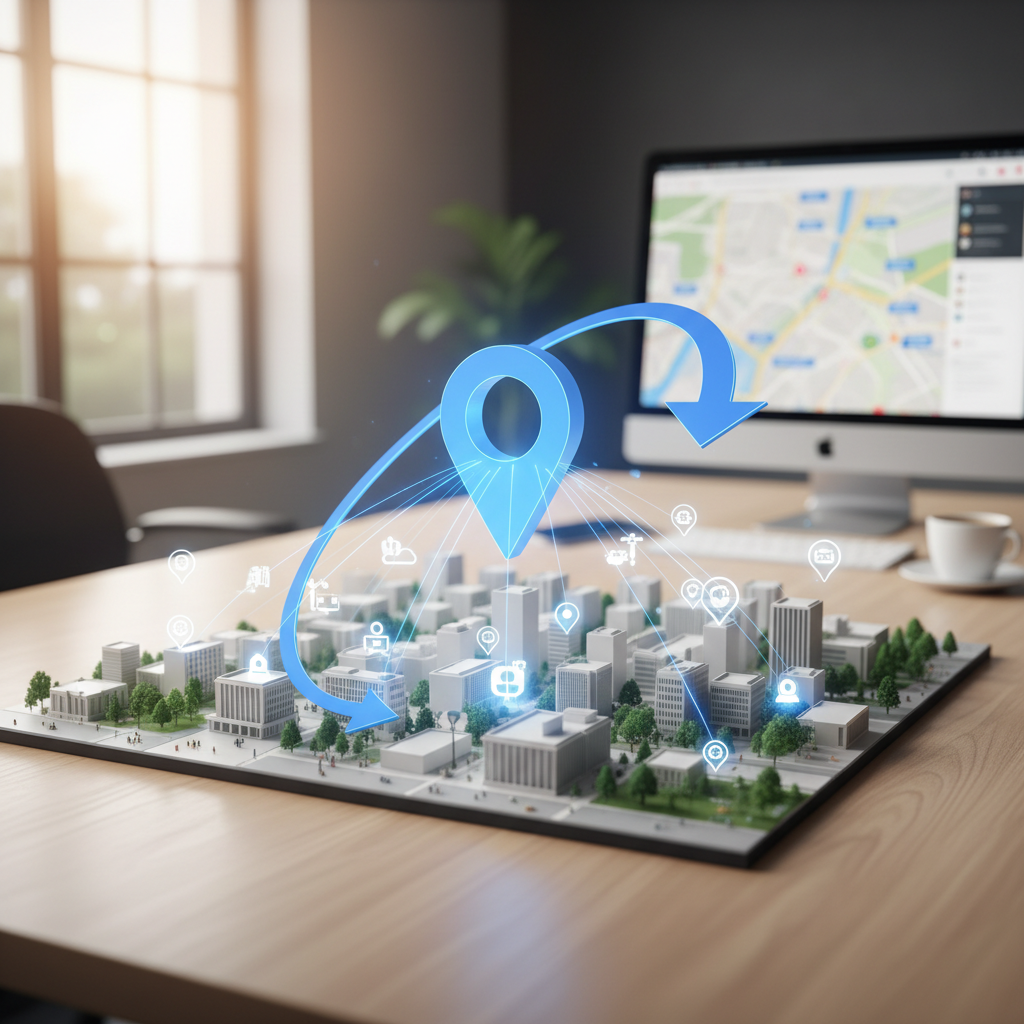 3D city model with location pins showing Google Maps local business optimization