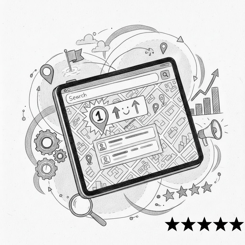 Sketch illustration of Google Maps search results and local business ranking factors